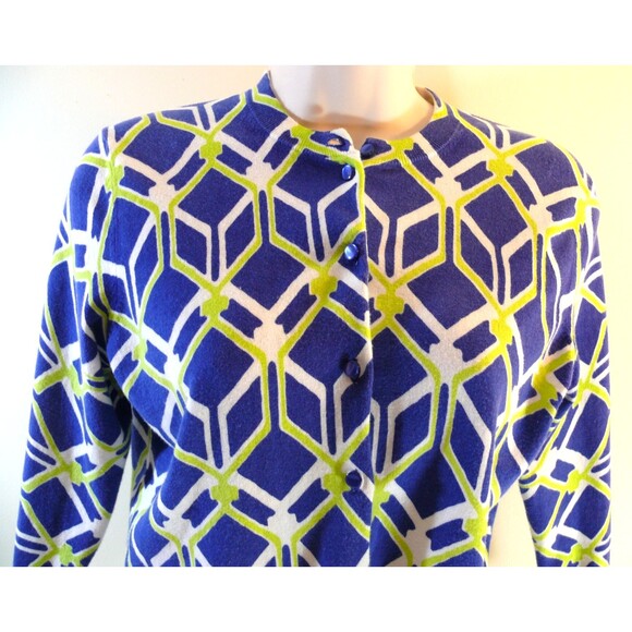 Crown & Ivy Blue Lime Green Geometric Cotton Blend Cardigan Sweater size SMALL - Picture 2 of 6